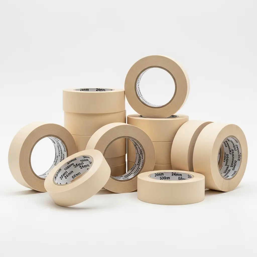 Multiple rolls of beige masking tape stacked on a white background