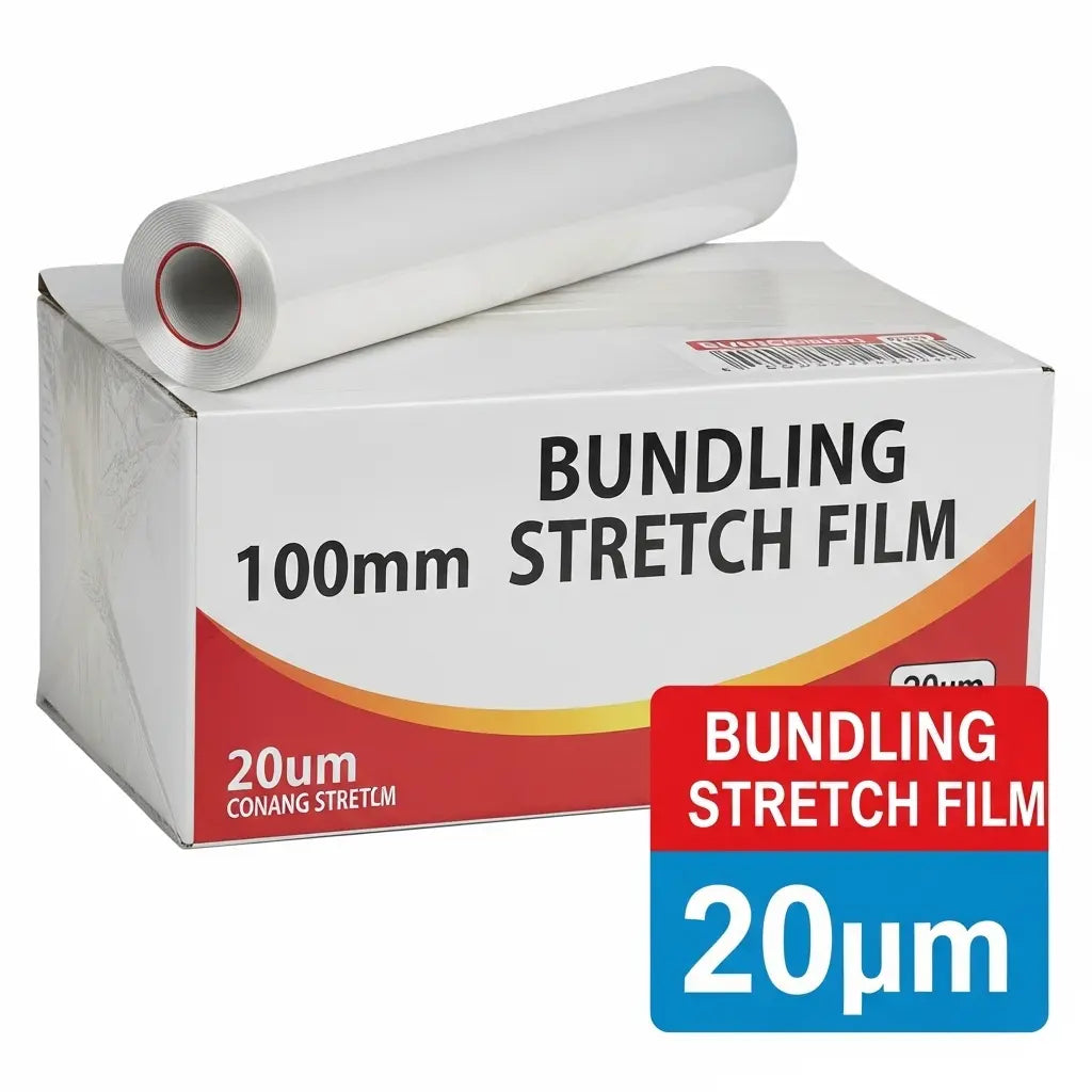 Box of bundling stretch film with a roll on top, featuring branding and product details.