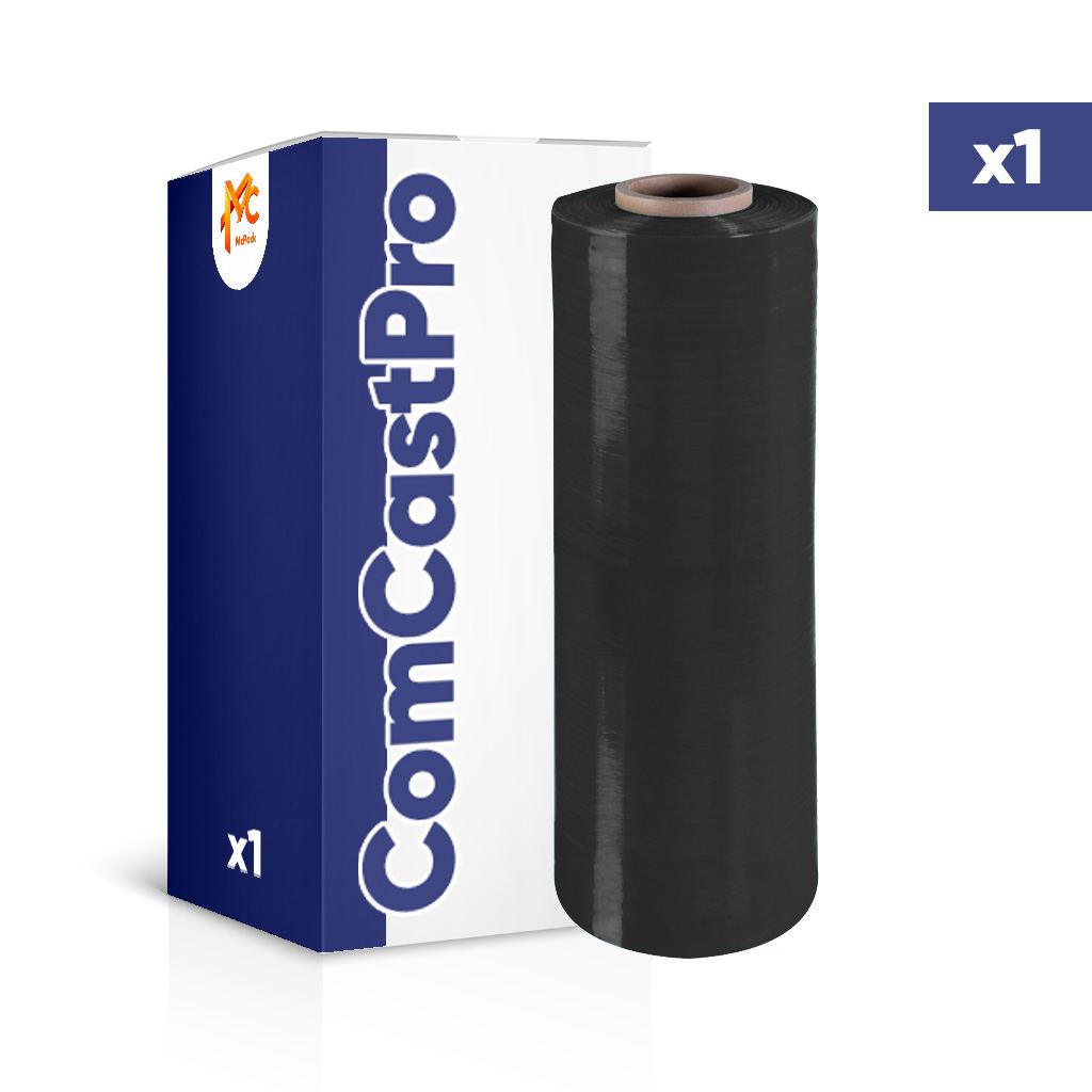 Machine stretch film – black cast pallet wrap, 500mm x 1300m roll, 25µm thickness, McPack.