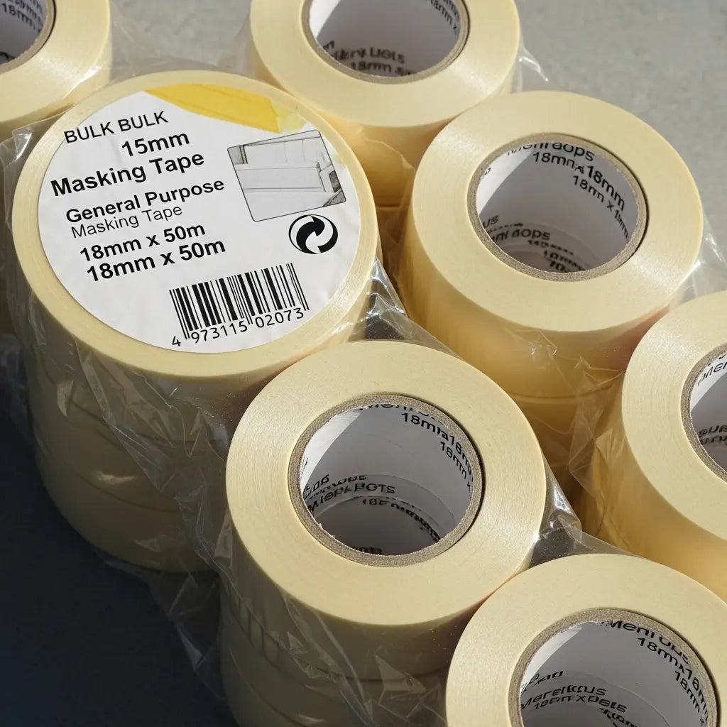 Multiple rolls of masking tape with labels on a gray surface