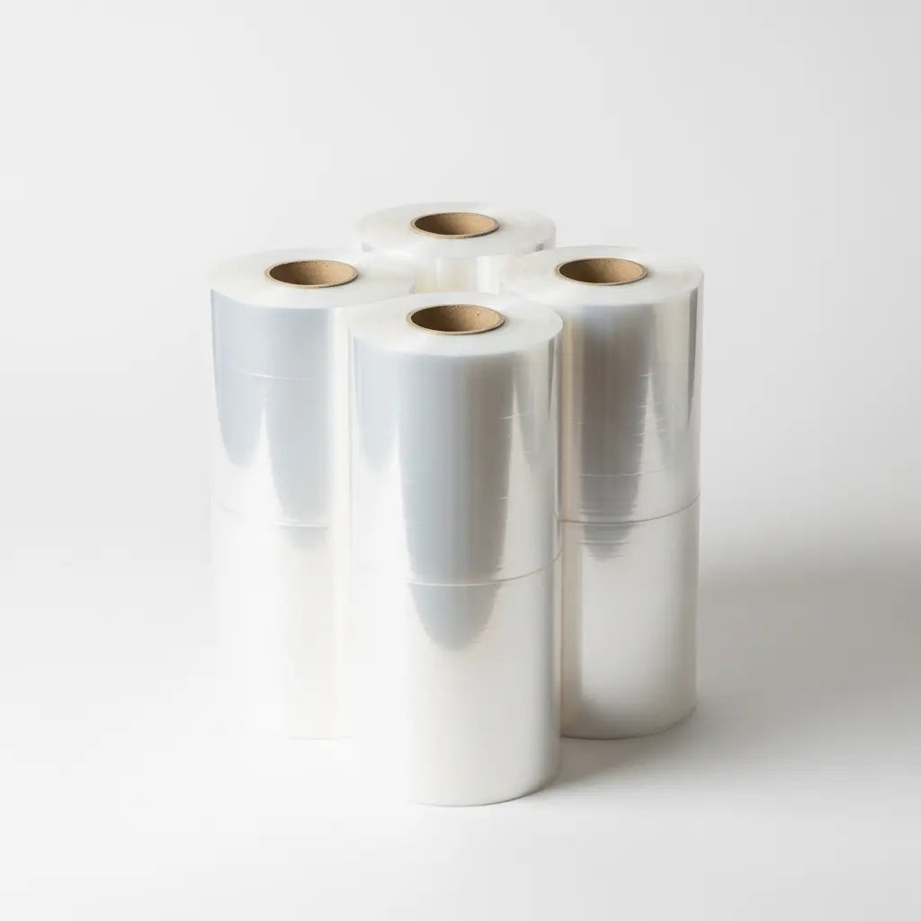 Three rolls of white film with gold circular labels on a white background