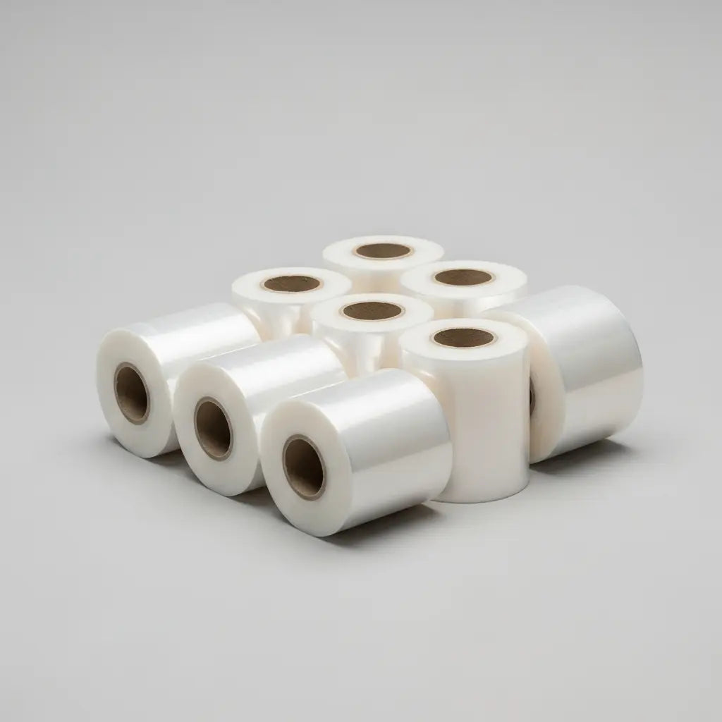 Multiple rolls of clear tape stacked on a light gray background