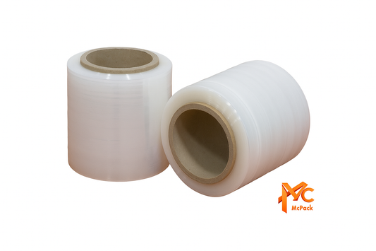 Bundling stretch film roll – 100mm x 300m clear plastic, McPack branding.
